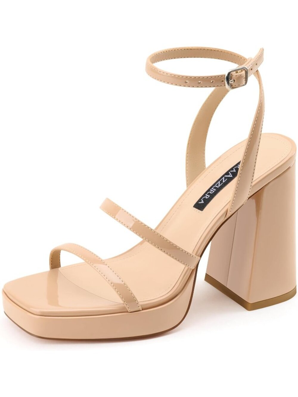 Women's Nude Faux Leather Chunky Block Heel Square Open Toe Two Strap Heels